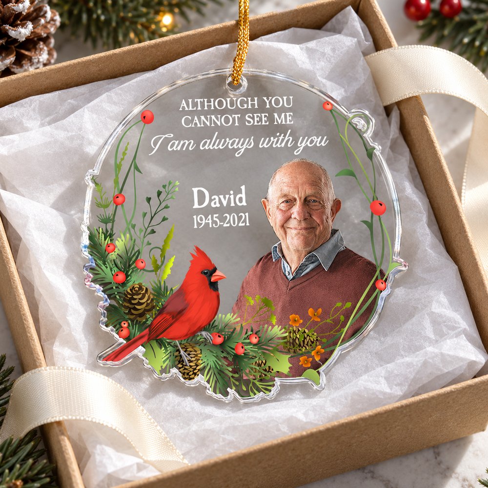 Memorial sympathy acrylic ornament in an open gift box with white tissue paper and ribbon