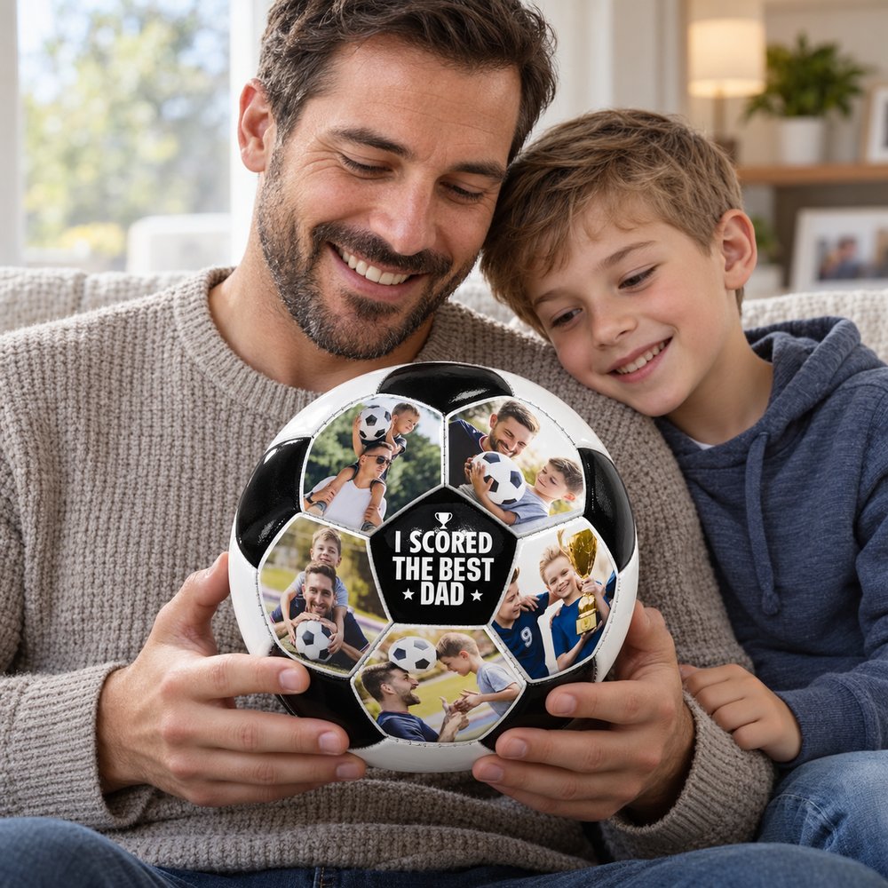 Father and son holding the personalized I Scored The Best Dad photo soccer ball