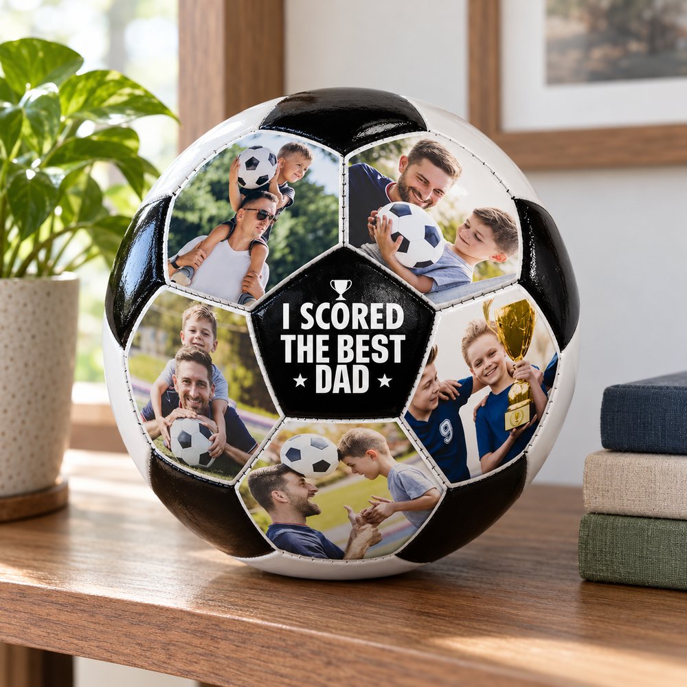 Custom photo soccer ball displayed on a wooden home bookshelf