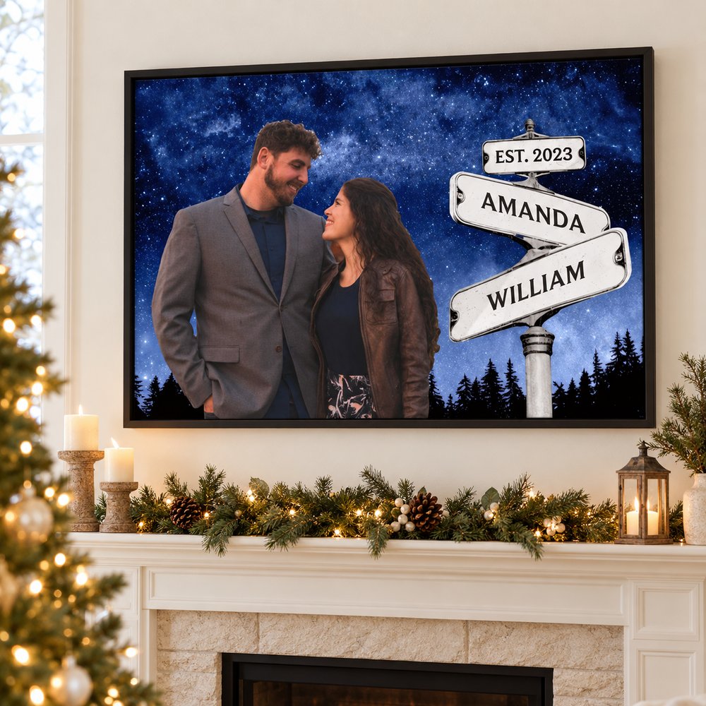 Personalized couple street sign poster hanging on wall with holiday decor
