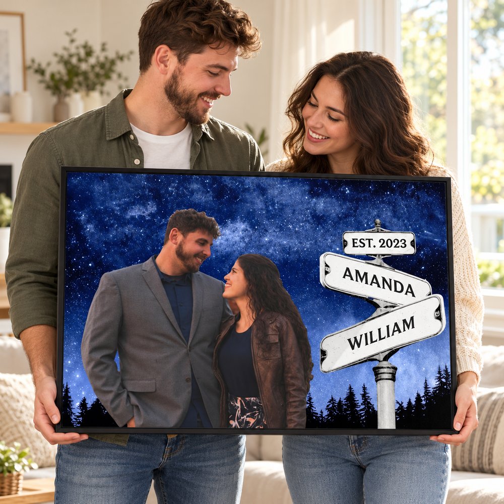 Happy couple holding their custom photo street sign canvas print gift