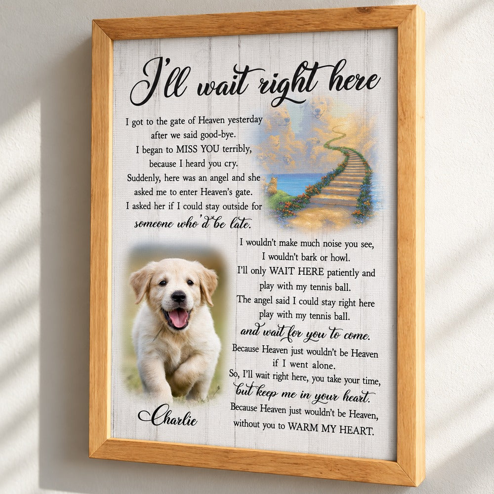 Close up detail of custom pet memorial canvas texture and wooden frame