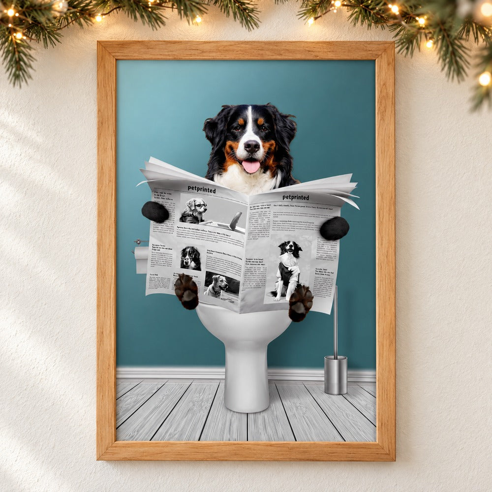 Custom dog toilet newspaper framed poster hanging on wall with holiday garland