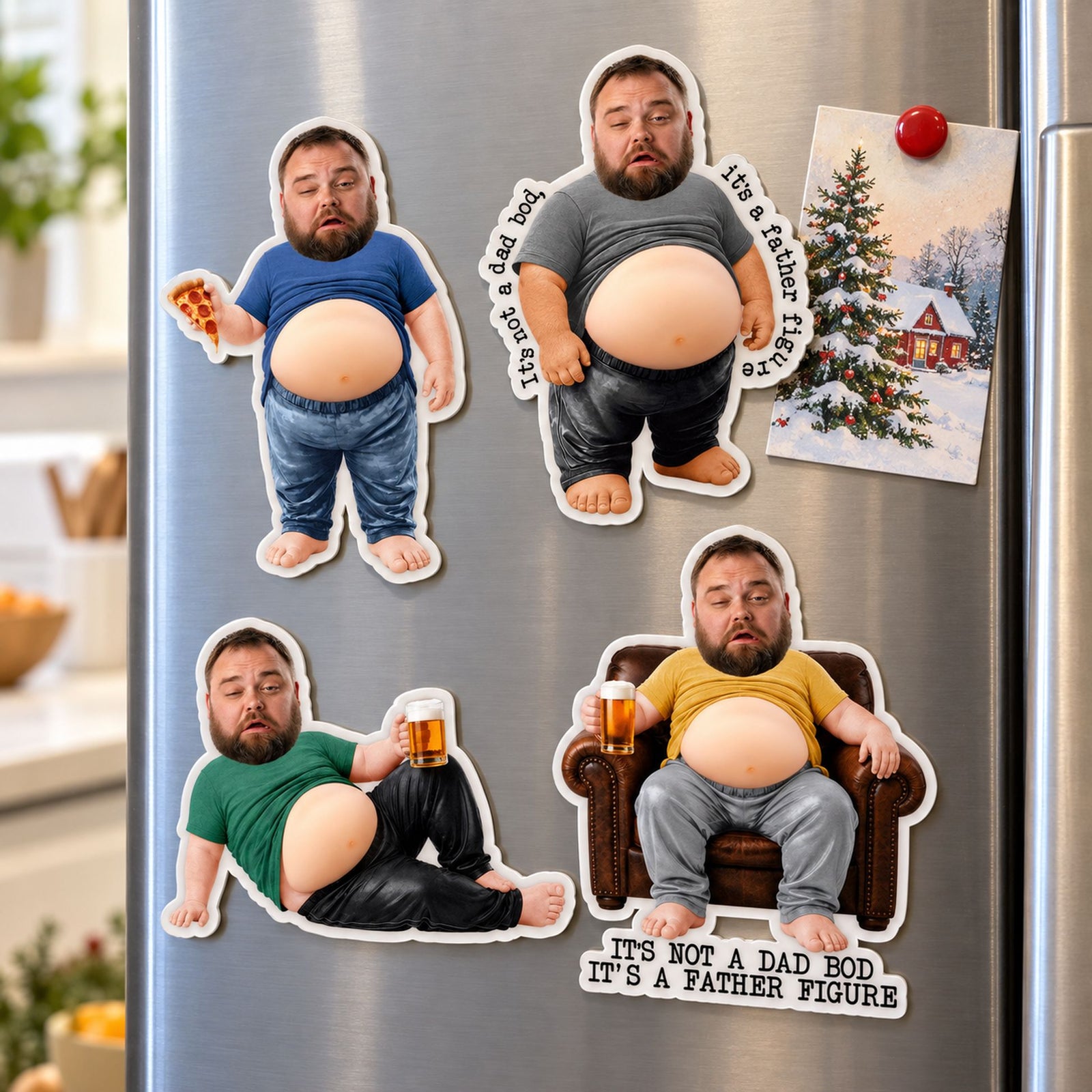 Custom photo dad bod fridge magnets displayed on a stainless steel refrigerator door