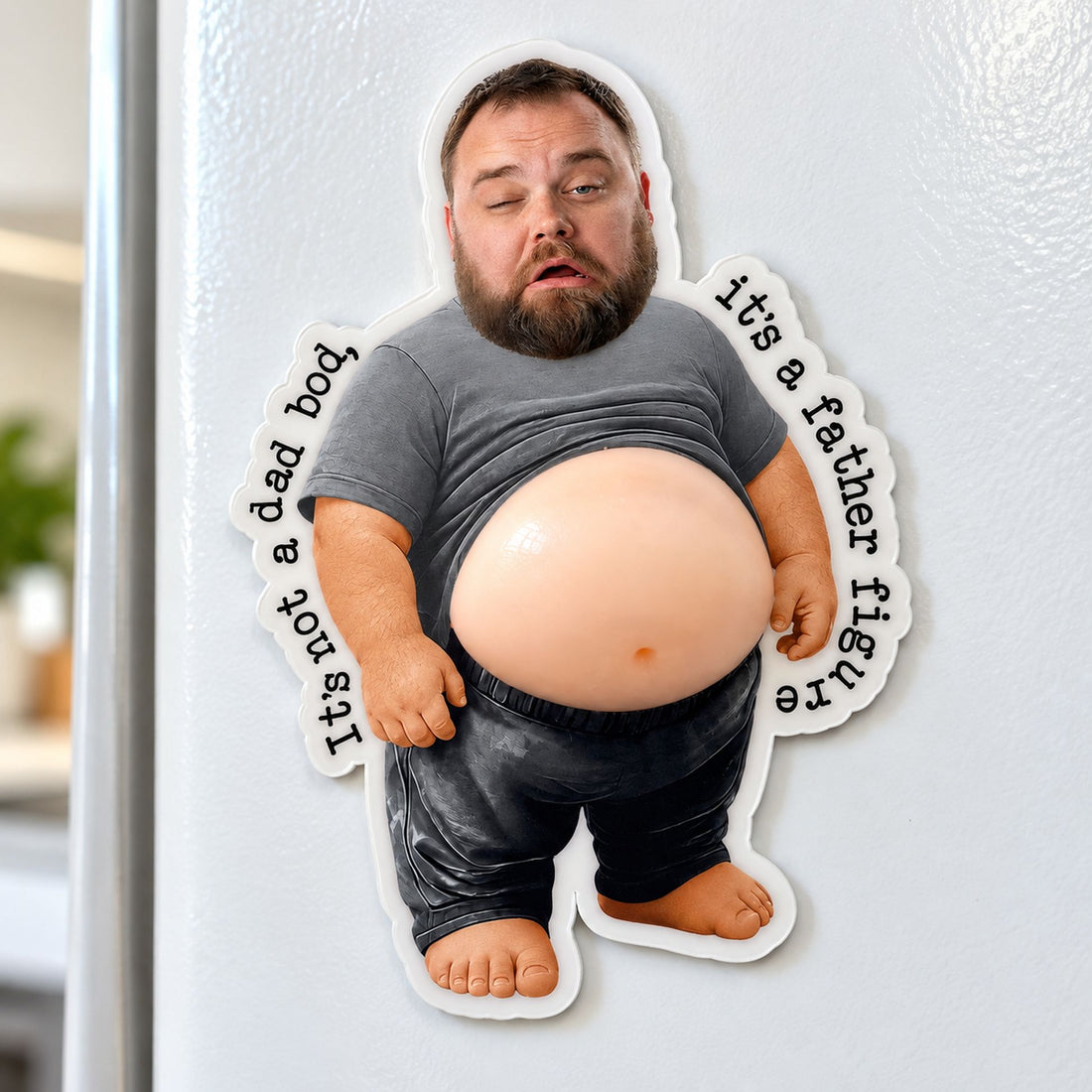 Close-up detail of personalized father figure fridge magnet showing raised 3D squishy belly