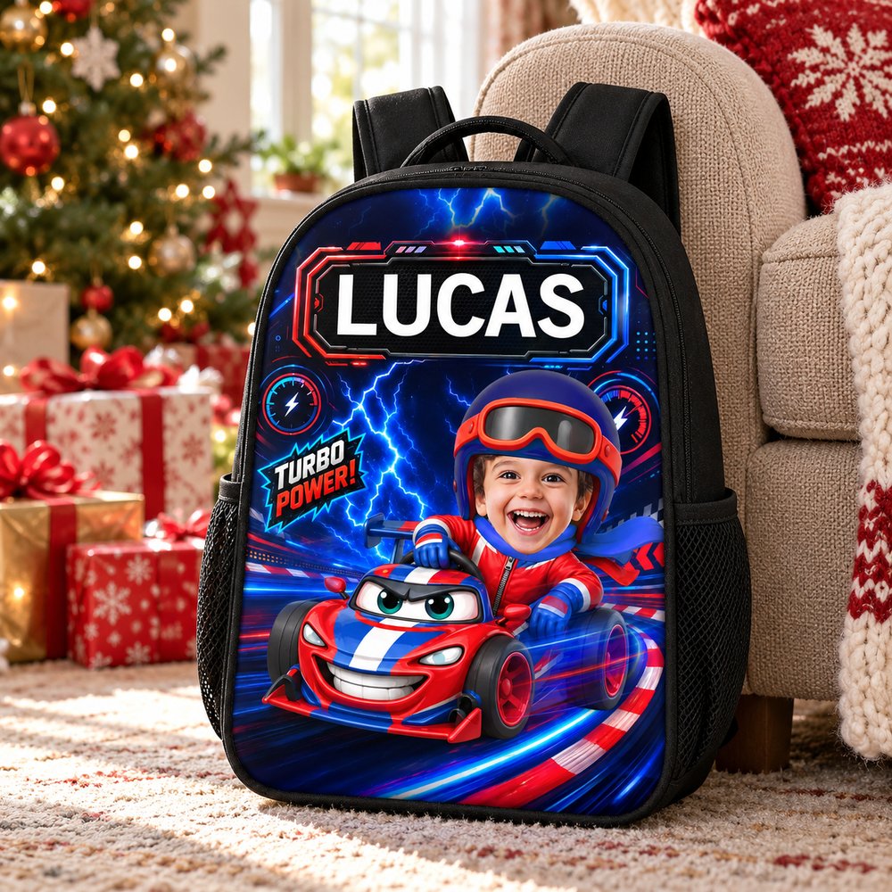Personalized kids racing backpack in a bright Christmas morning living room scene