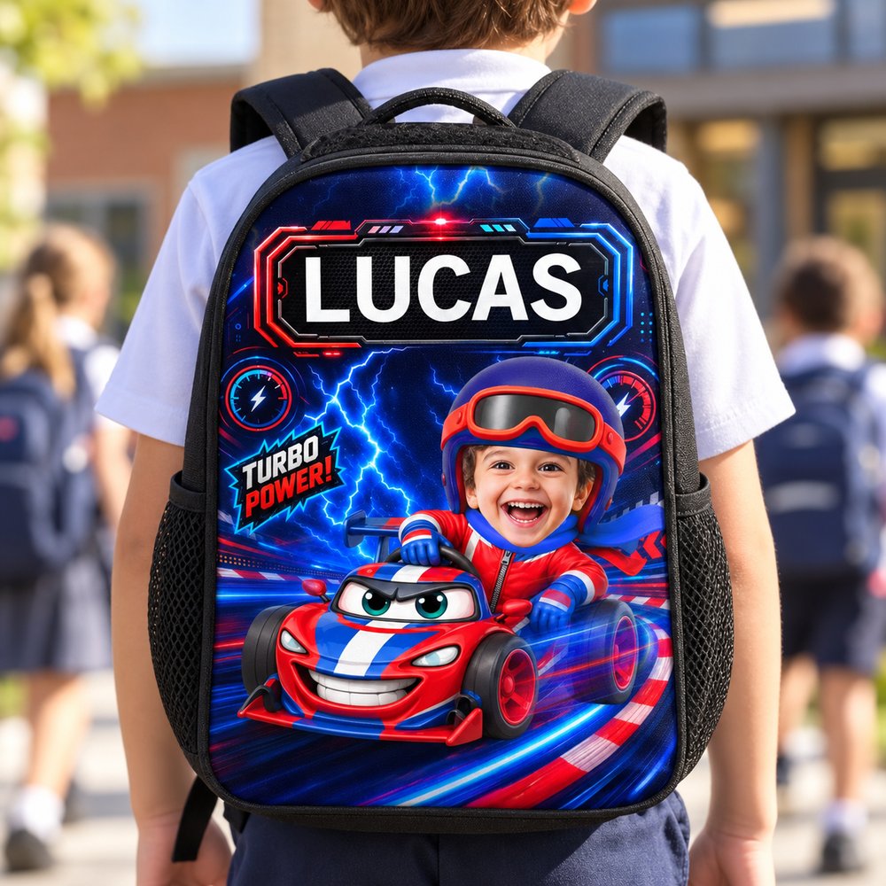 Close up detail of polyester fabric print and mesh pocket on custom kid backpack