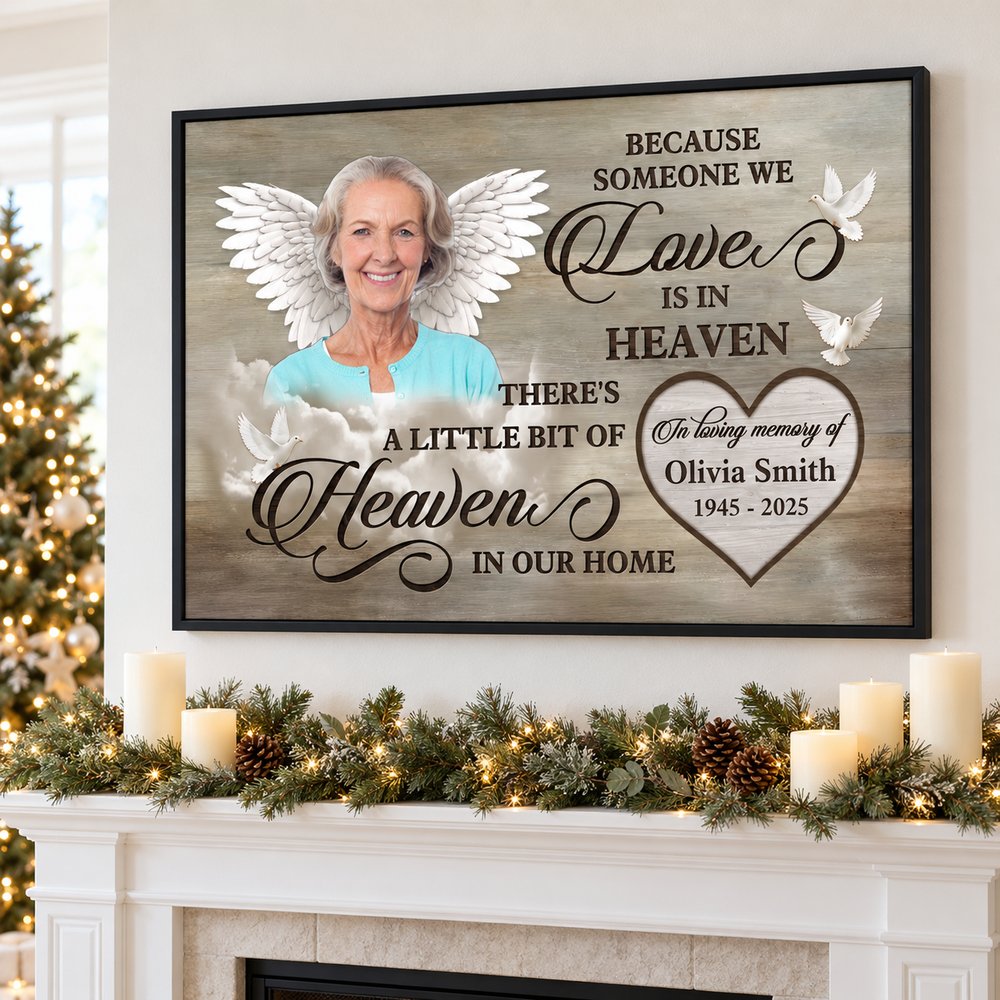 Custom Photo Love Is In Heaven memorial canvas print hanging above a holiday fireplace mantel