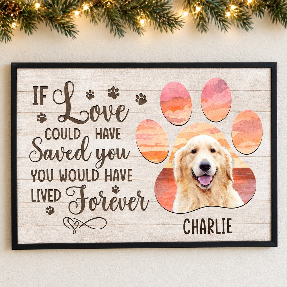 Personalized dog memorial poster with Charlie golden retriever hanging on wall with holiday garland