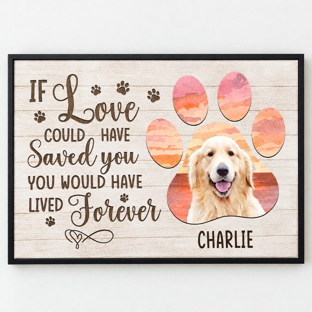 Close-up detail of personalized pet memorial canvas print texture and sunset paw print artwork