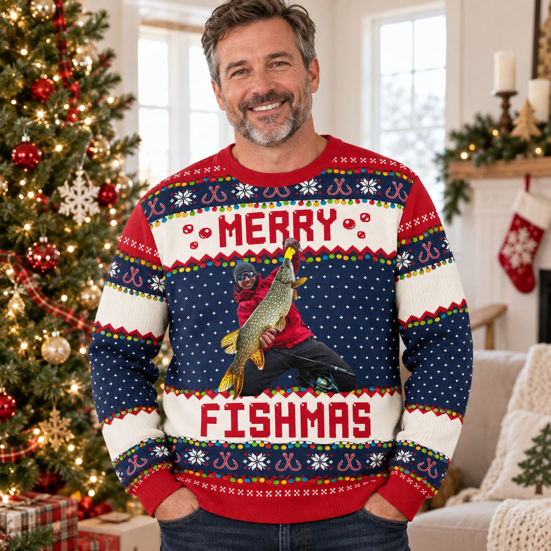 Man wearing Custom Photo Merry Fishmas Ugly Sweater in front of a Christmas tree
