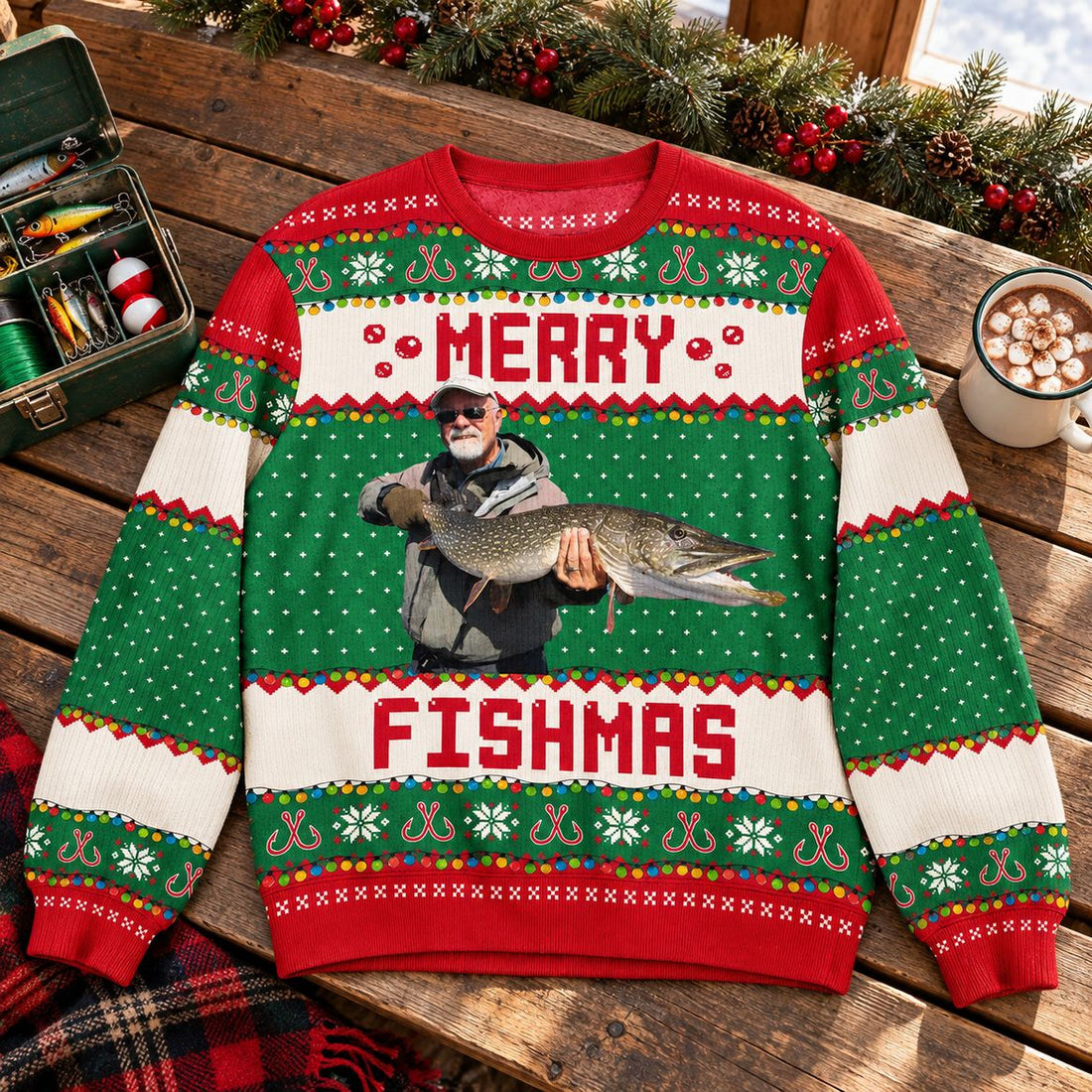 Personalized Merry Fishmas Fishing Ugly Sweater laid on a wooden bench with holiday decor