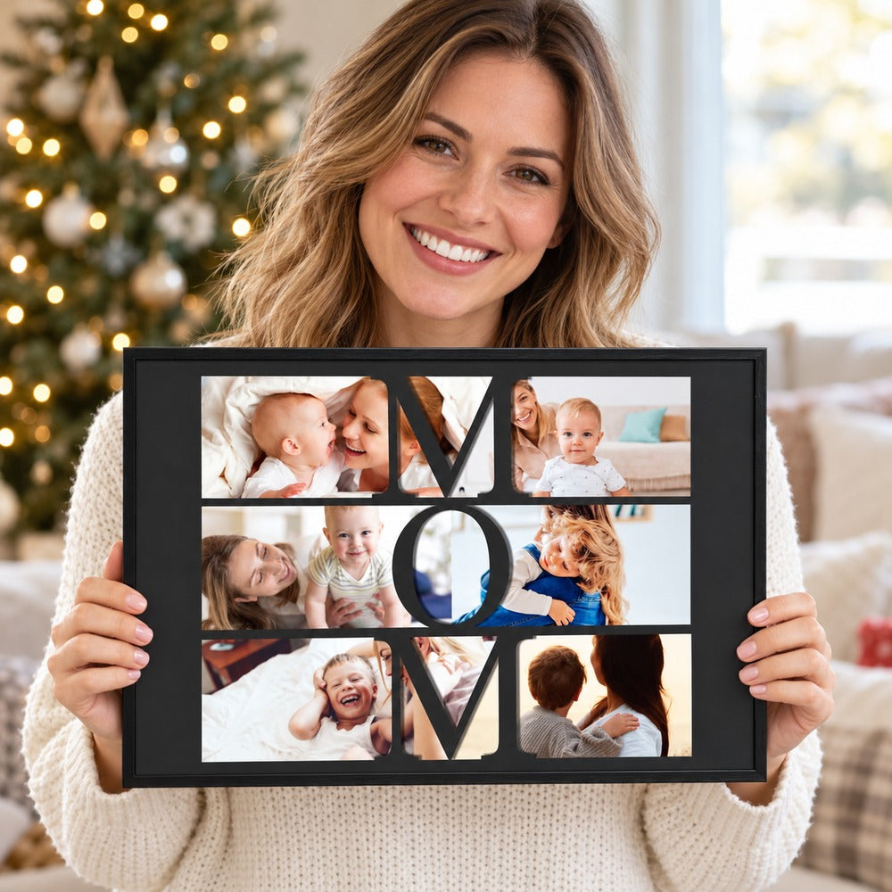 Smiling mom holding personalized MOM photo collage framed poster gift