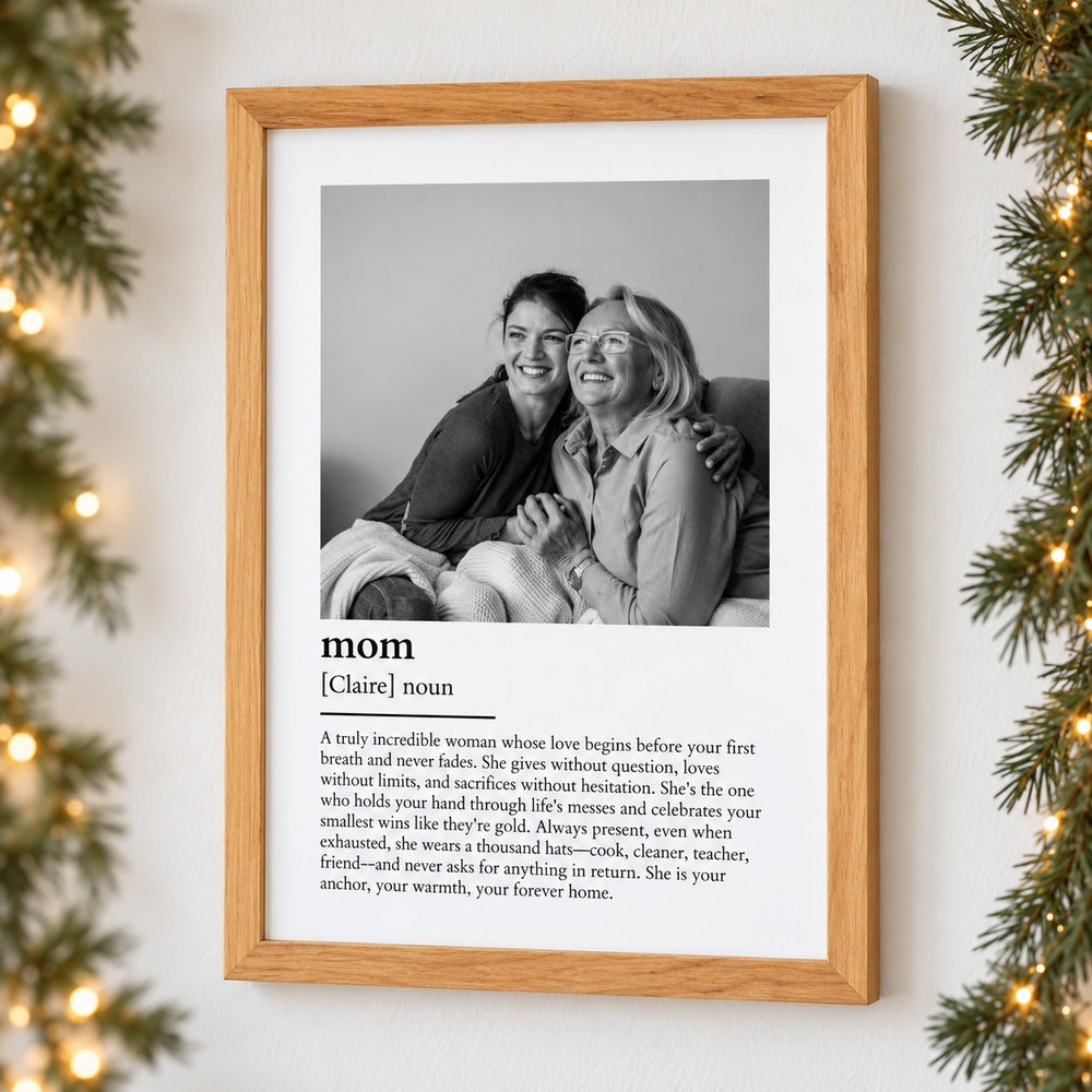 Custom Mom Definition framed photo print hanging on wall with holiday garland