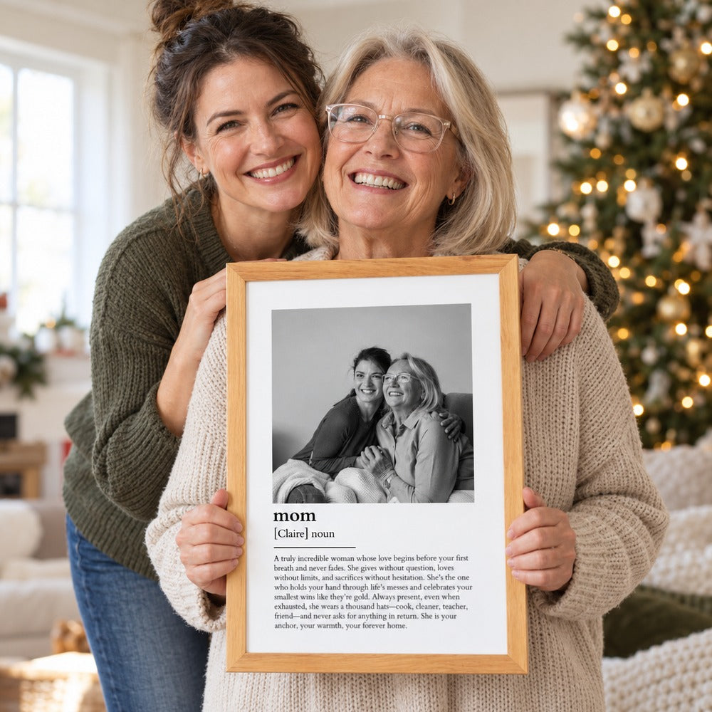 Happy mother holding her personalized Mom Definition framed photo print