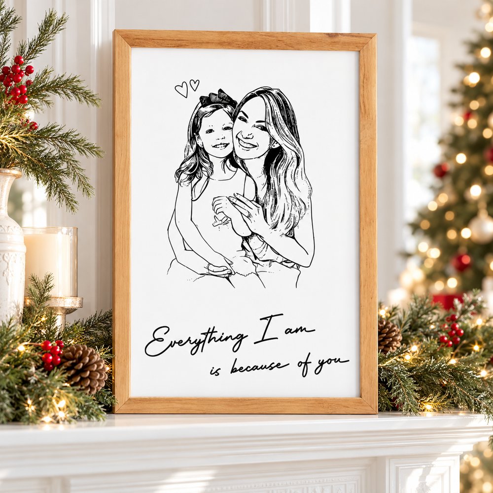 Custom photo mom framed poster displayed on a holiday mantel near a Christmas tree