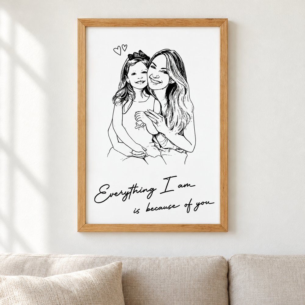 Personalized Everything I Am Is Because Of You framed print hanging above a sofa