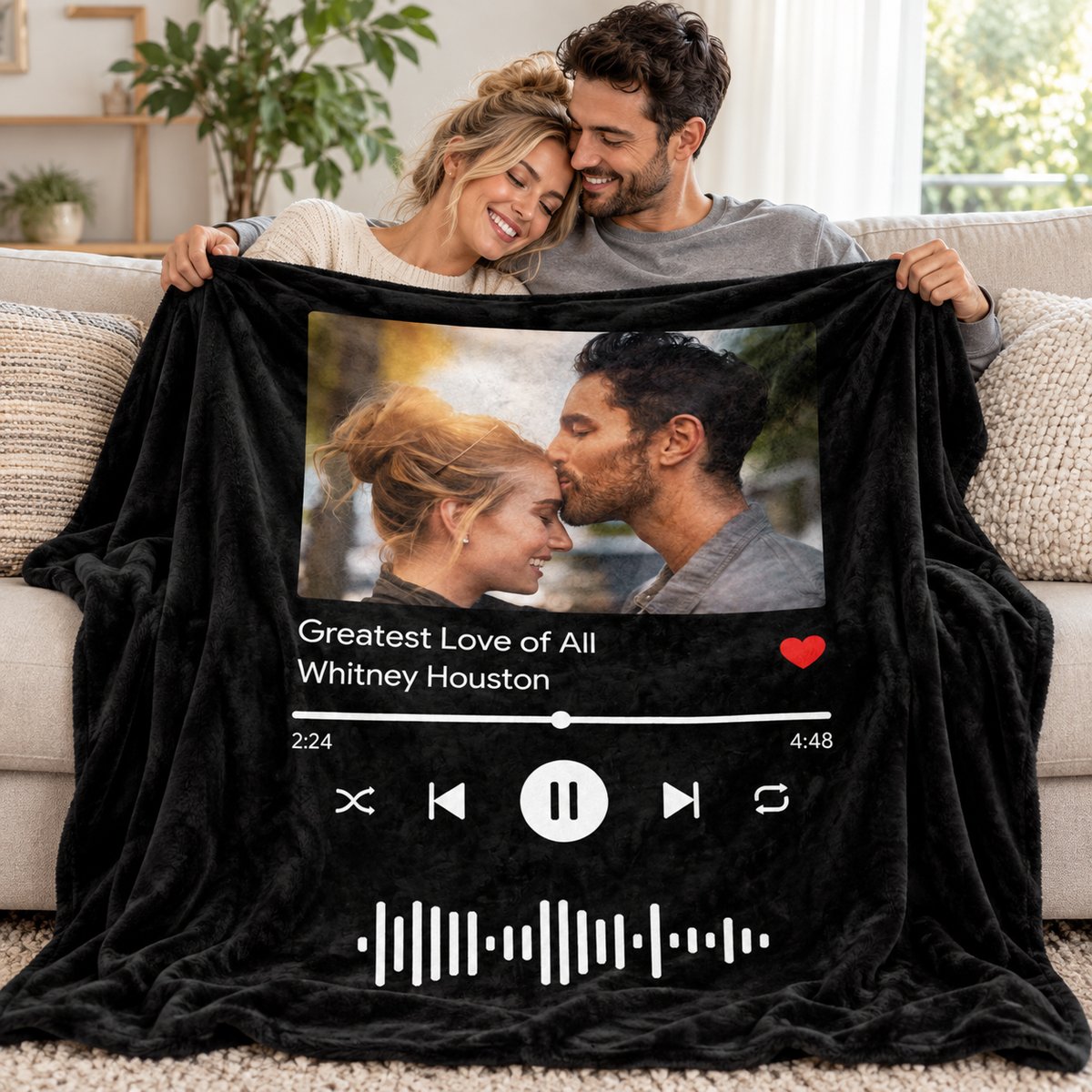 Couple sitting on couch wrapped in custom our song photo blanket