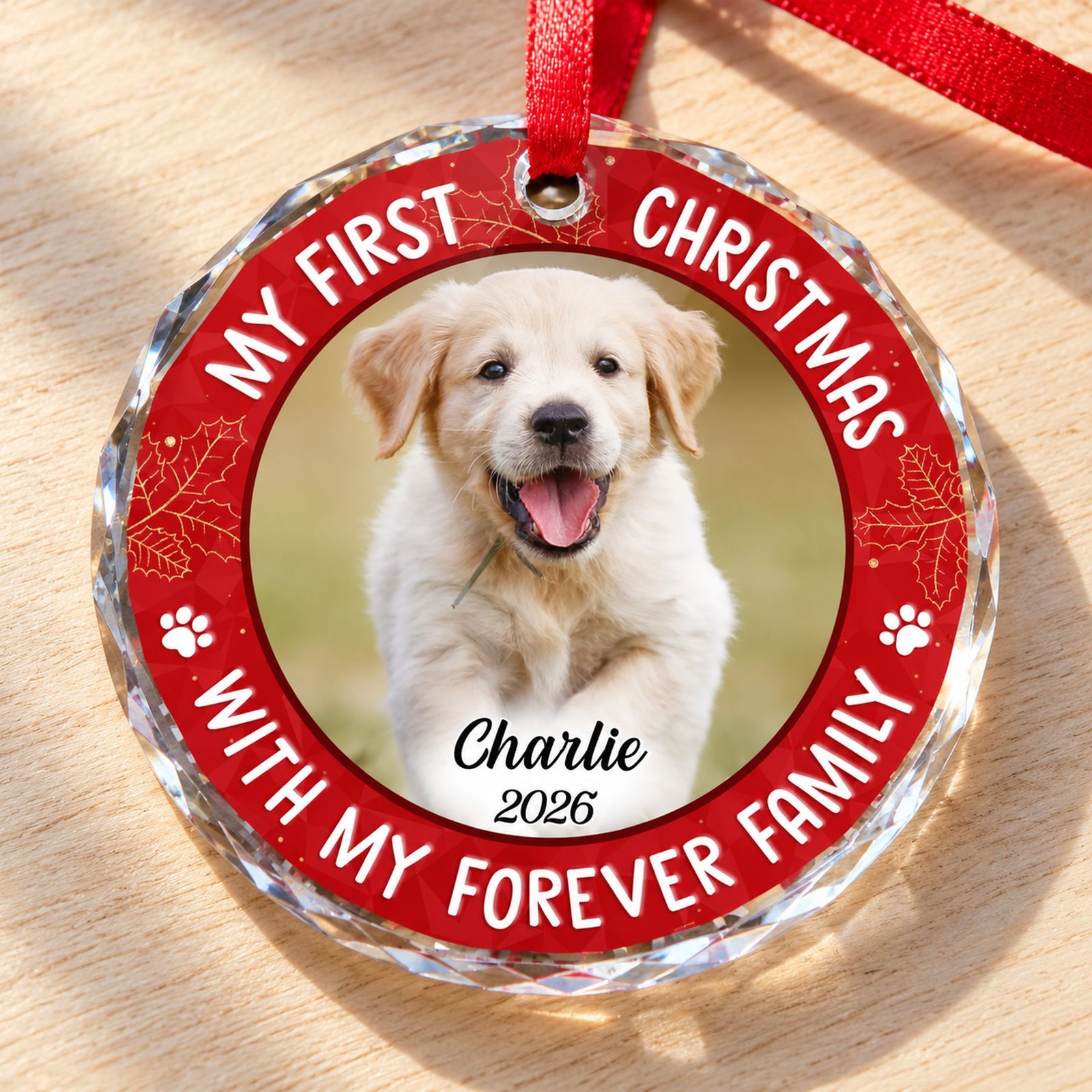 Macro closeup of faceted beveled glass edge and print on custom pet ornament