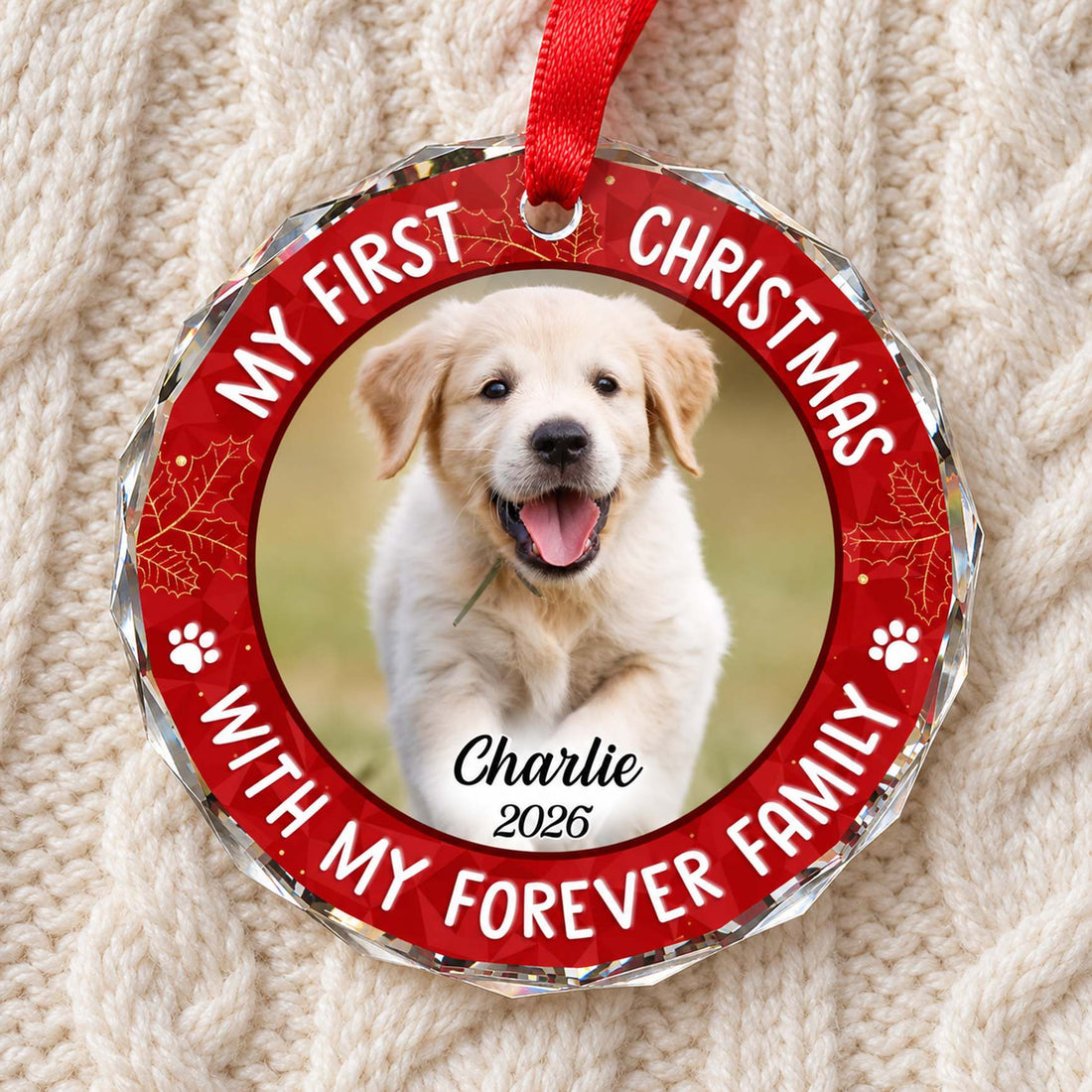 Close-up of personalized puppy photo faceted circle glass Christmas ornament showing beveled edge