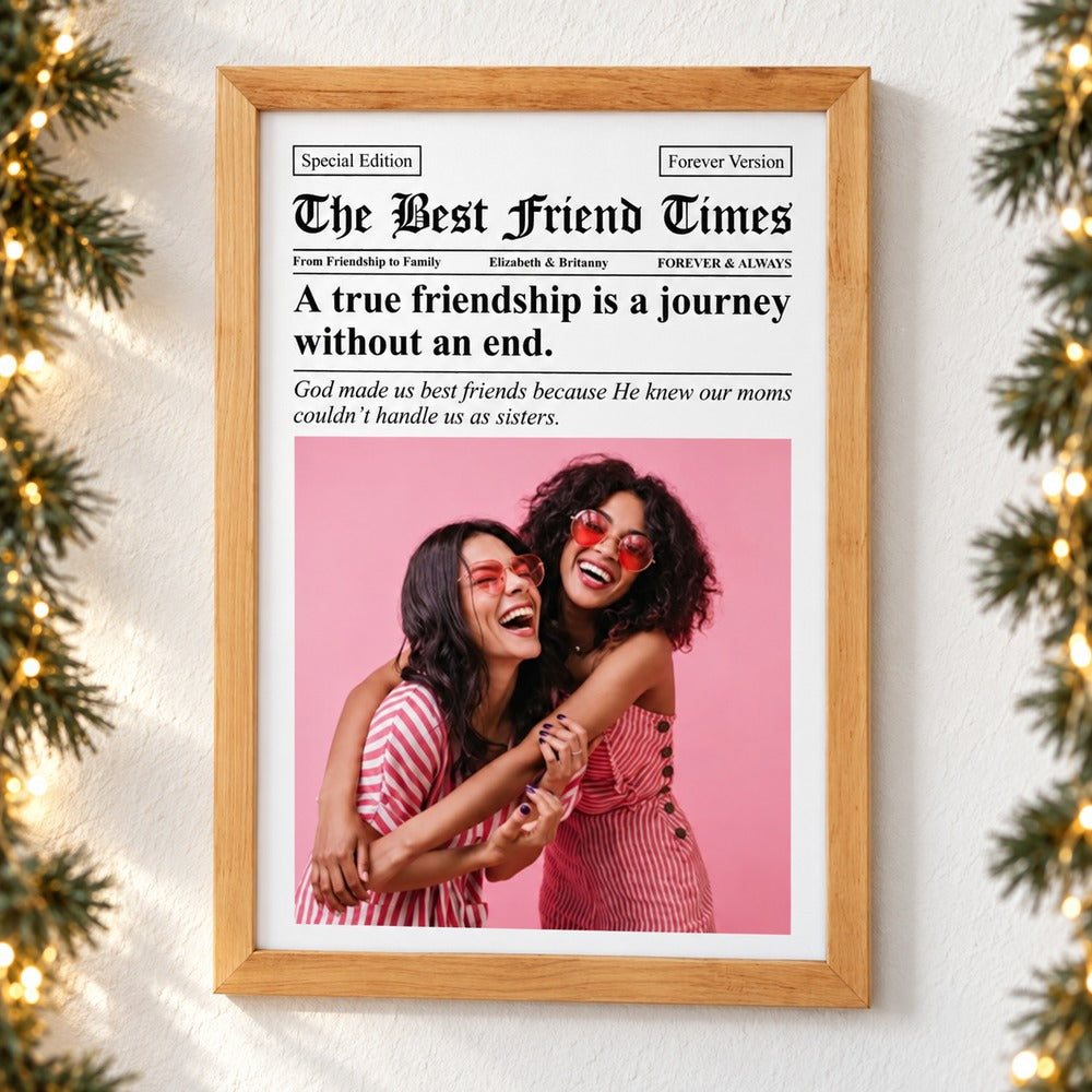 Custom Photo Newspaper The BFF Times framed print on wall with holiday garland