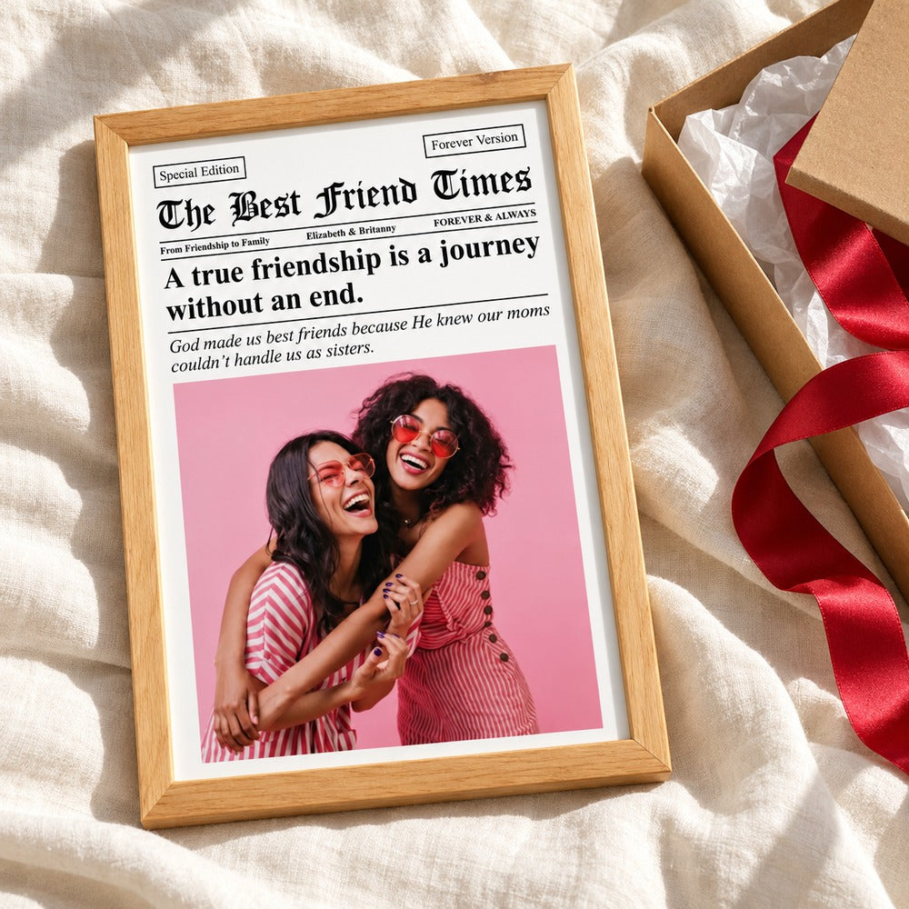 Custom Photo Newspaper BFF Times framed print next to holiday gift box