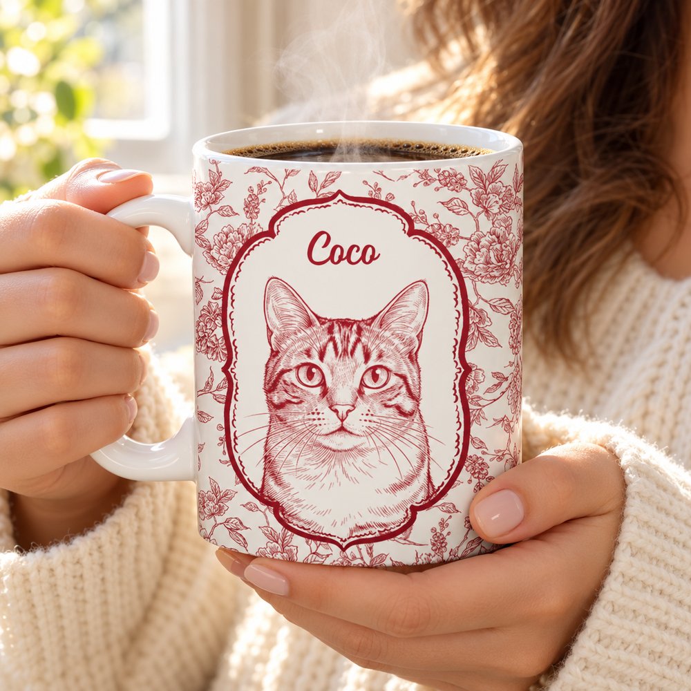 Woman holding personalized cat sketch toile coffee mug with warm steam rising