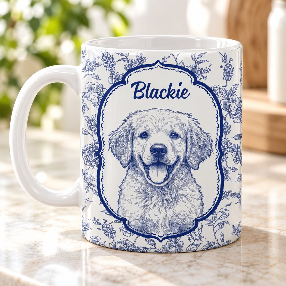 Close up detail of custom pencil sketch pet portrait and floral toile print on ceramic mug