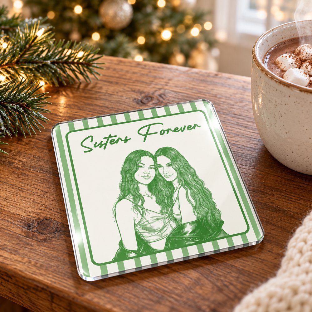Personalized Besties Forever acrylic fridge magnet lying flat on a holiday table near a Christmas tree