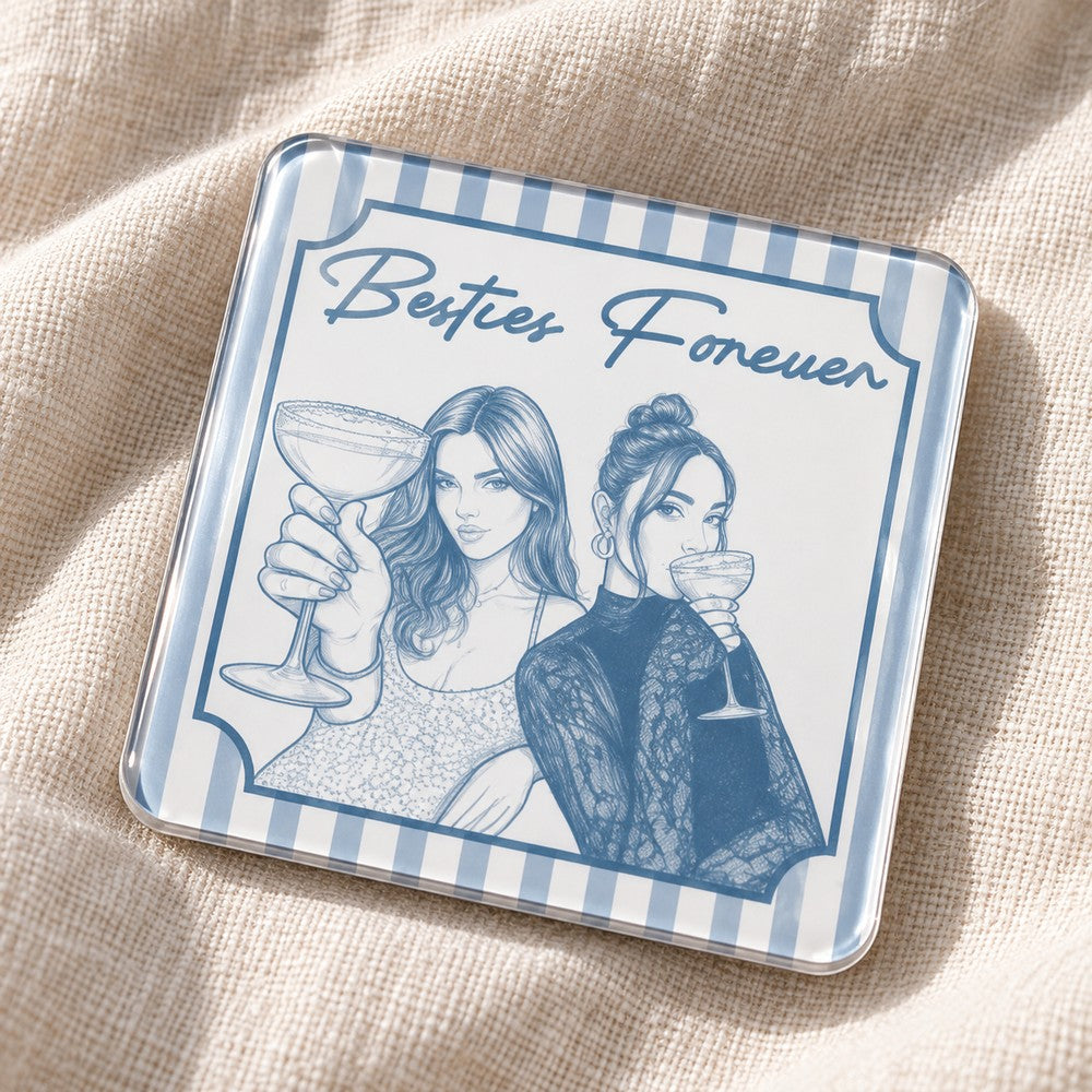 Macro closeup of personalized Besties Forever blue sketch acrylic fridge magnet showing glossy edge
