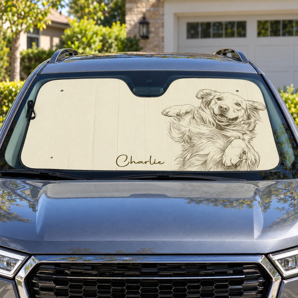 Personalized dog pencil sketch auto windshield sunshade installed in a parked SUV