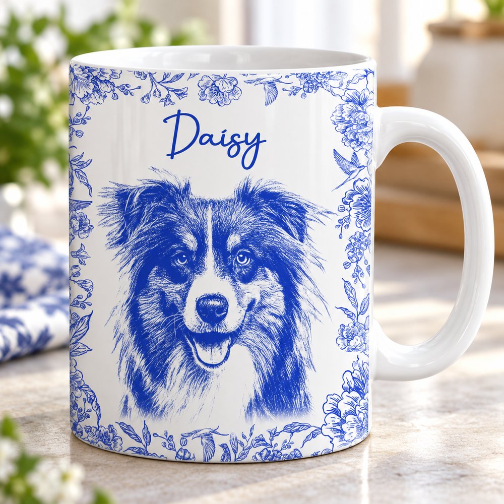 Close-up detail of blue pencil sketch dog portrait and floral print on ceramic mug