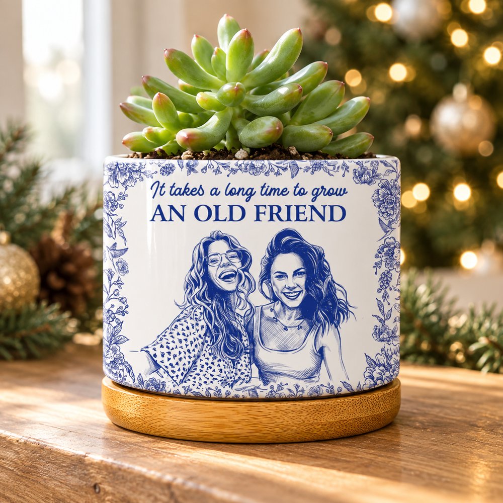 Personalized ceramic plant pot for best friends on holiday mantel with succulent