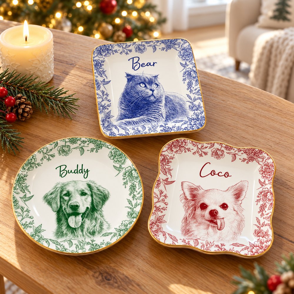 Custom pet portrait ceramic jewelry dishes displayed in a bright holiday living room setting