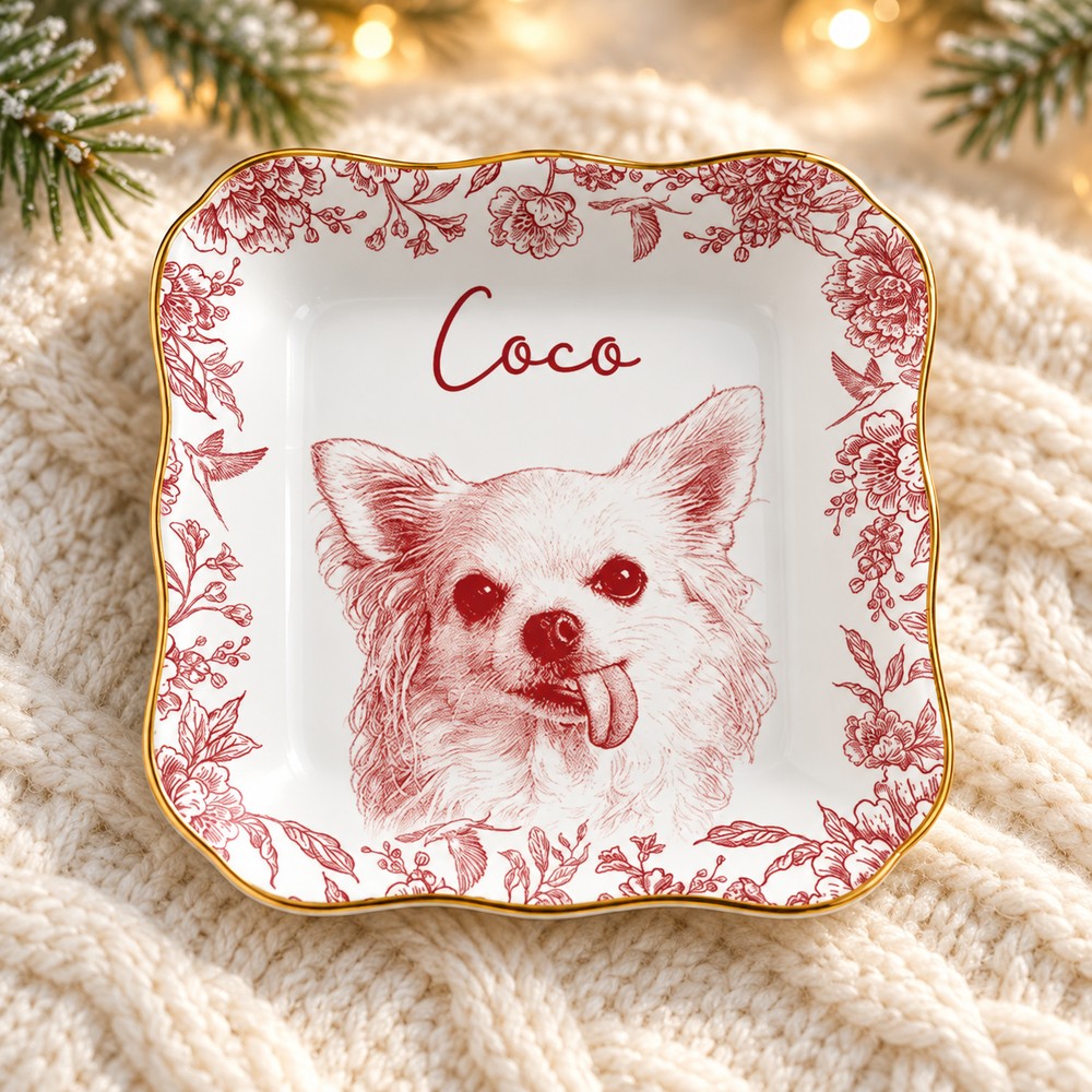 Personalized pet sketch ceramic jewelry dish Coco variant on cozy holiday knit surface