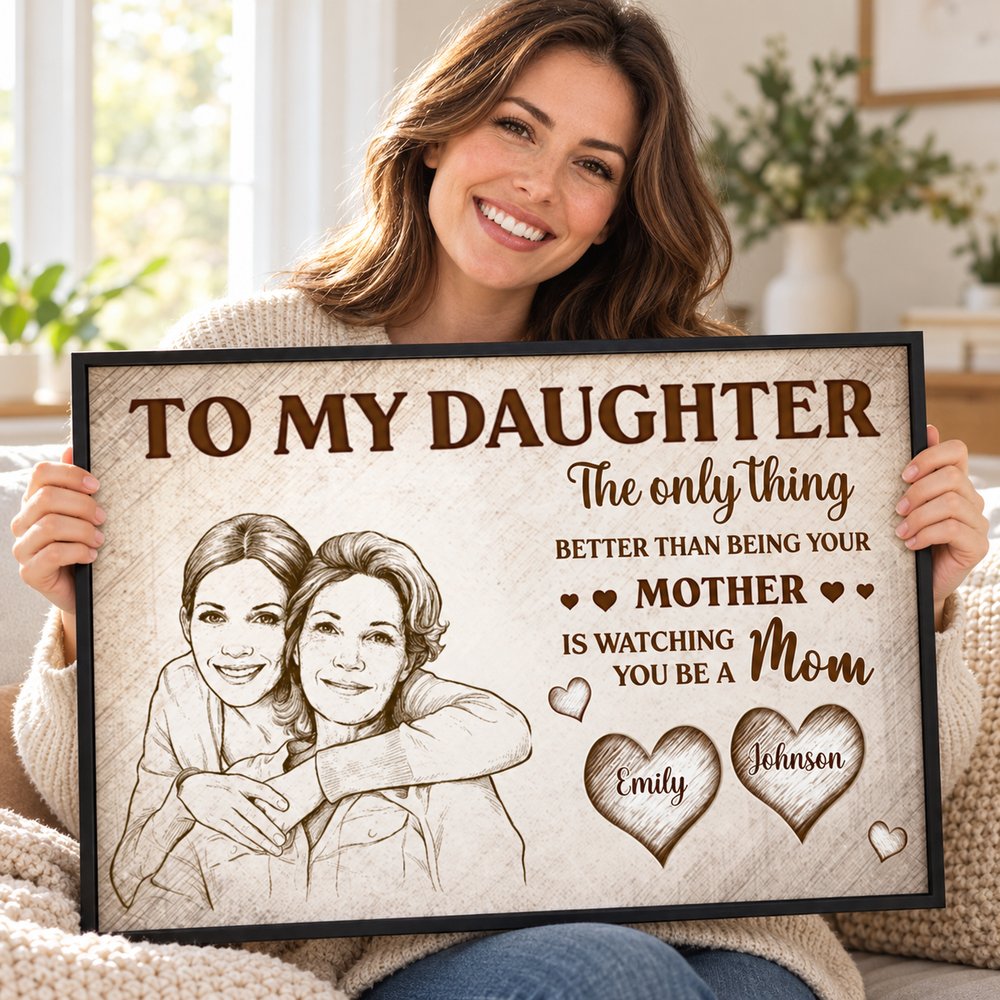 Adult daughter happily holding personalized Mom and Daughter pencil sketch framed poster