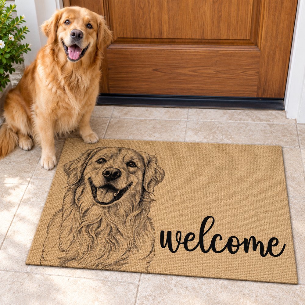 Custom photo pencil sketch dog welcome doormat at front door with golden retriever sitting beside it