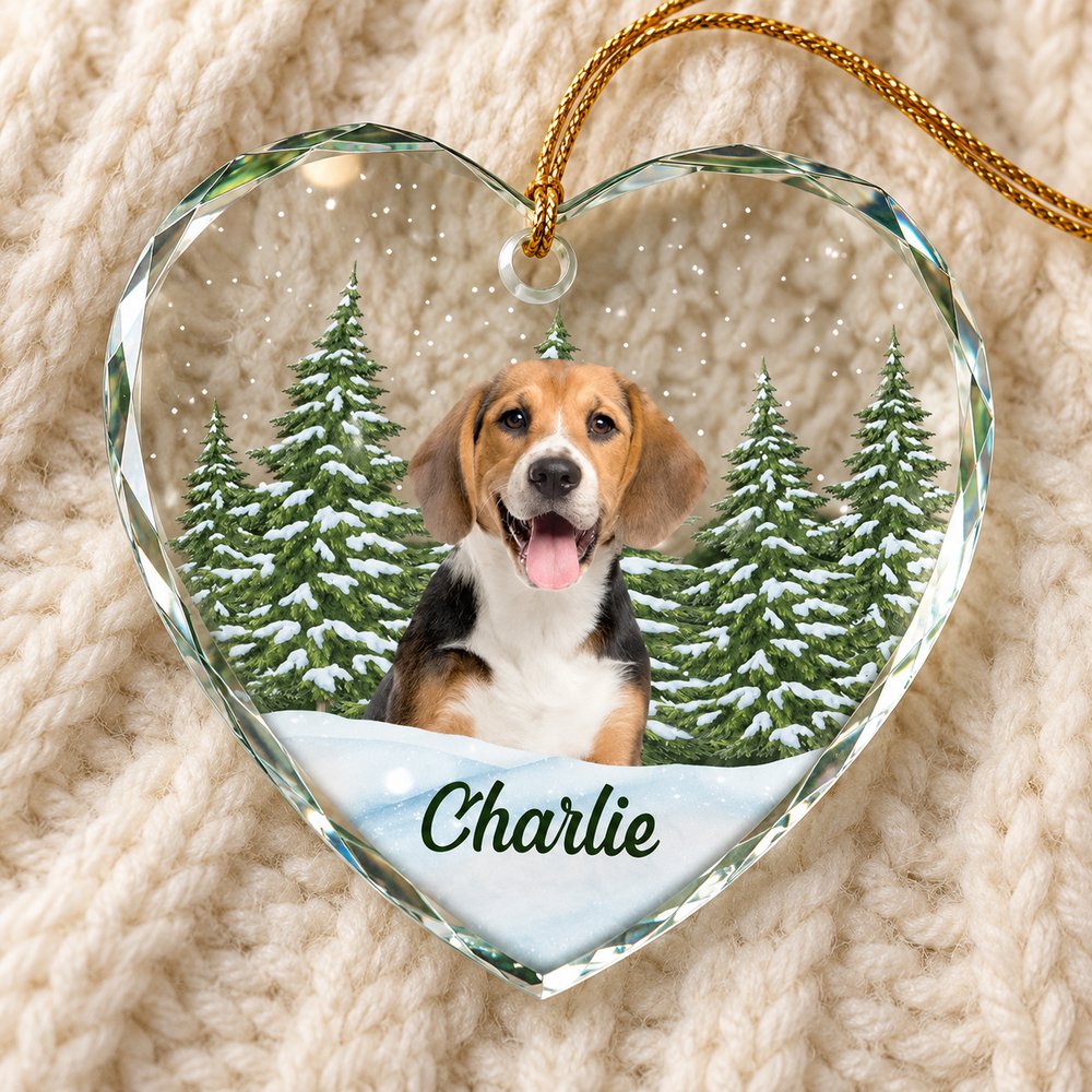 Close-up of beveled edge detail and print on custom pet heart glass ornament