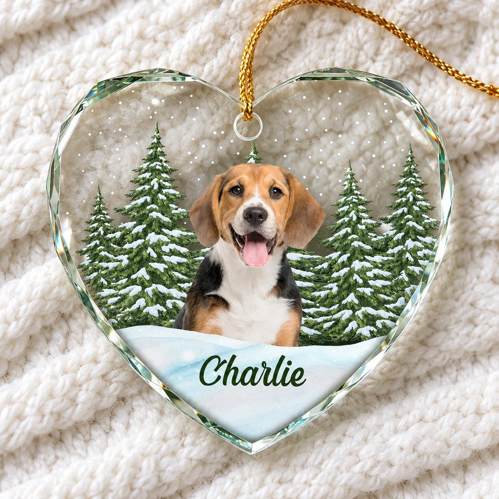 Close-up of personalized heart glass pet memorial ornament with beveled edges and Charlie beagle print
