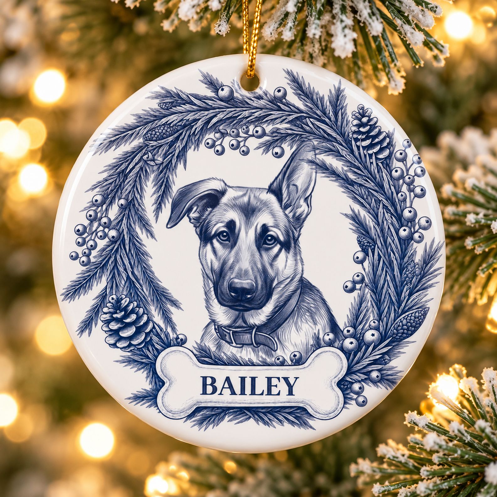 Custom pencil sketch pet memorial ceramic ornament hanging on a Christmas tree branch