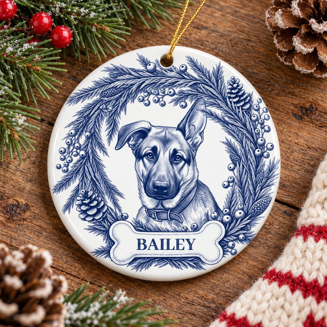 Personalized dog sketch ceramic ornament styled flat on a festive Christmas mantel with greenery