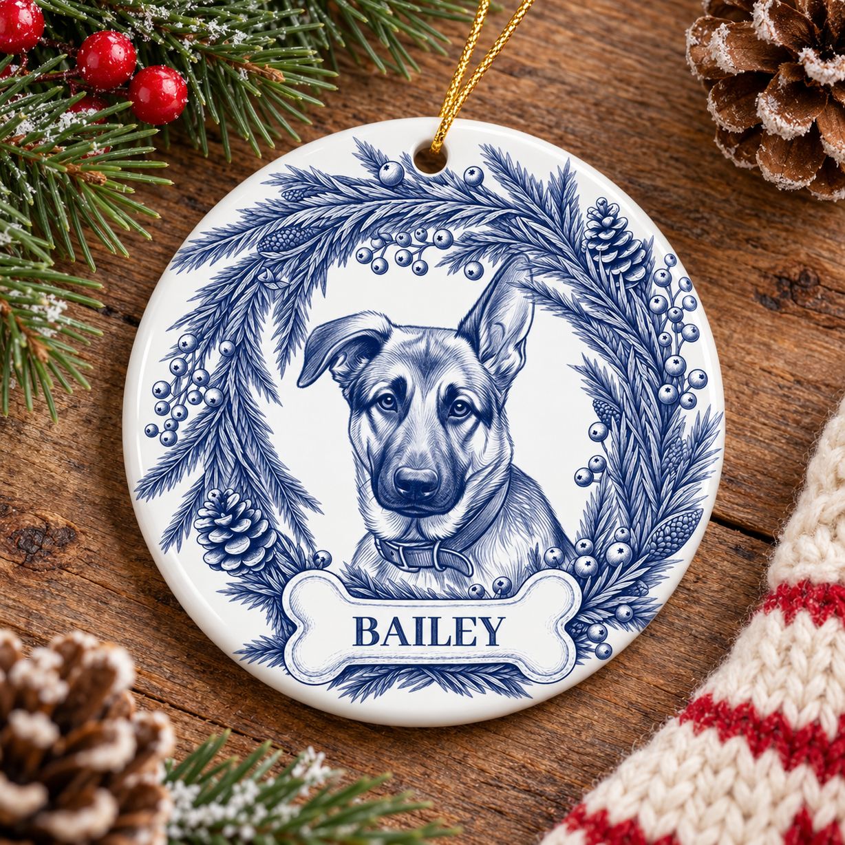 Personalized dog sketch ceramic ornament styled flat on a festive Christmas mantel with greenery