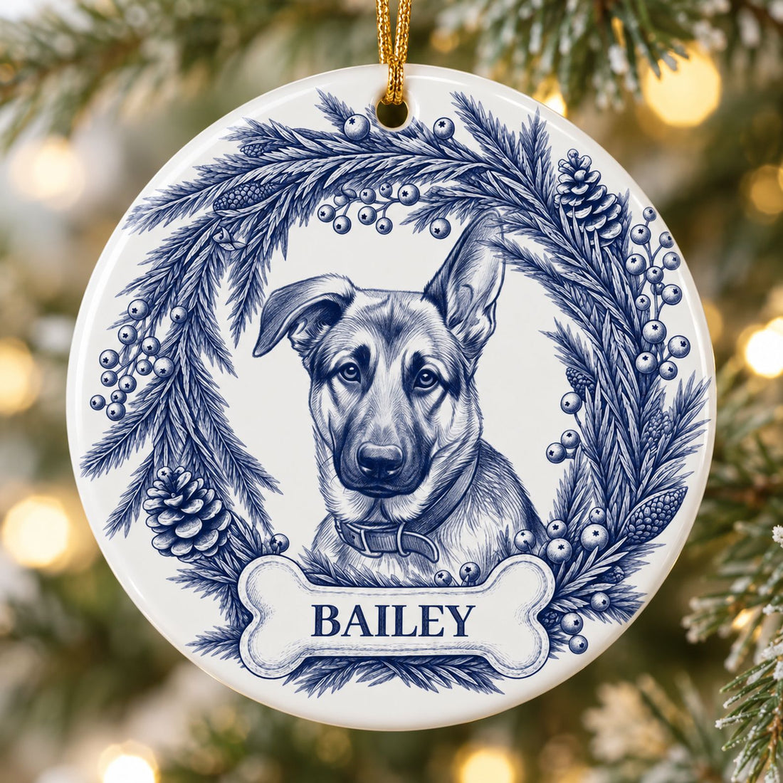 Close-up detail of the glossy ceramic finish and blue pencil sketch dog illustration