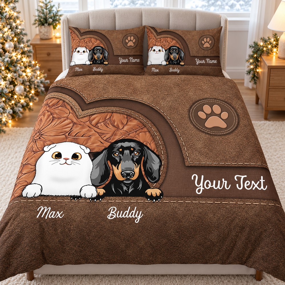 Custom pet personalized bedding set with cat and dog on a bed in a festive holiday room