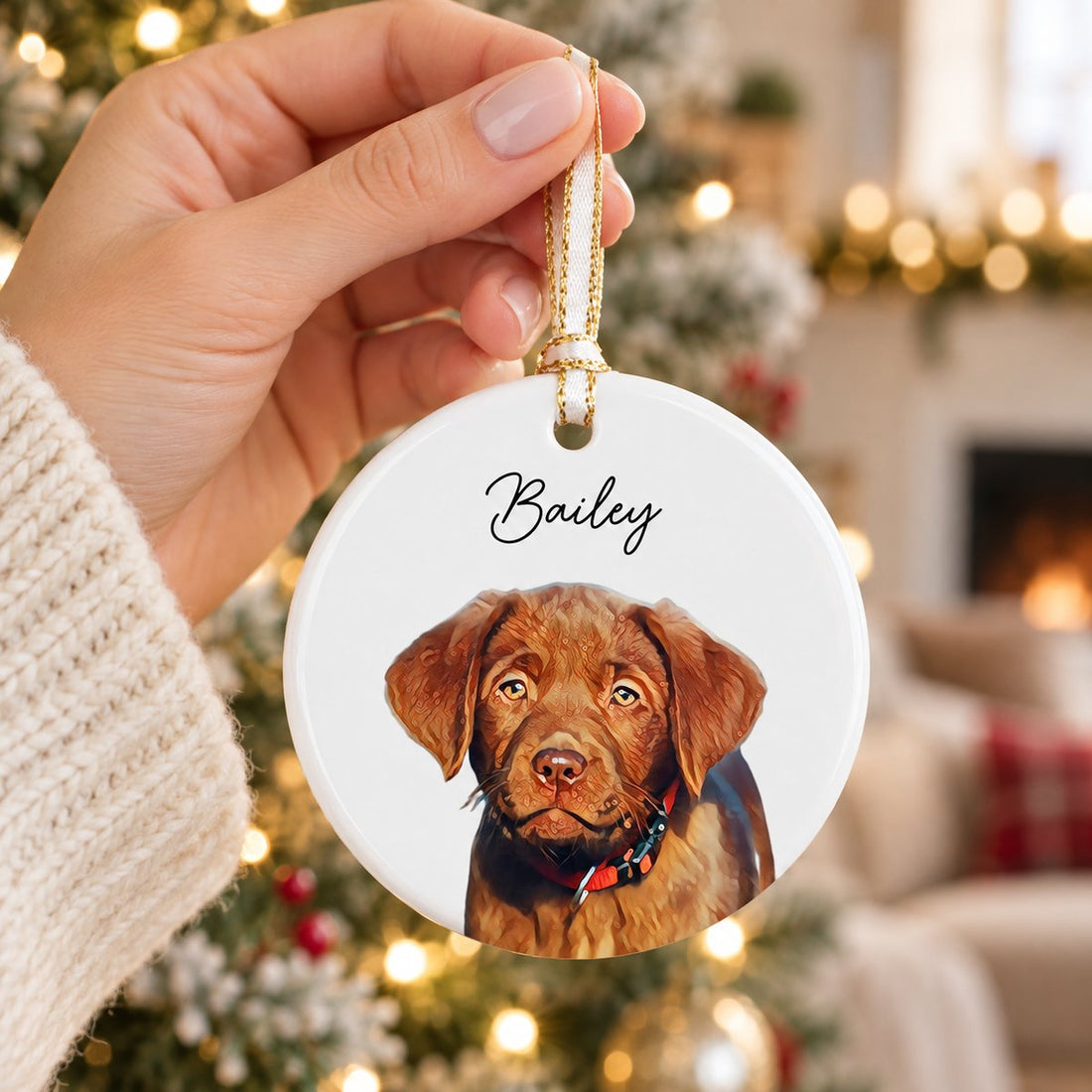 3 inch personalized dog portrait ceramic ornament held in hand to show size