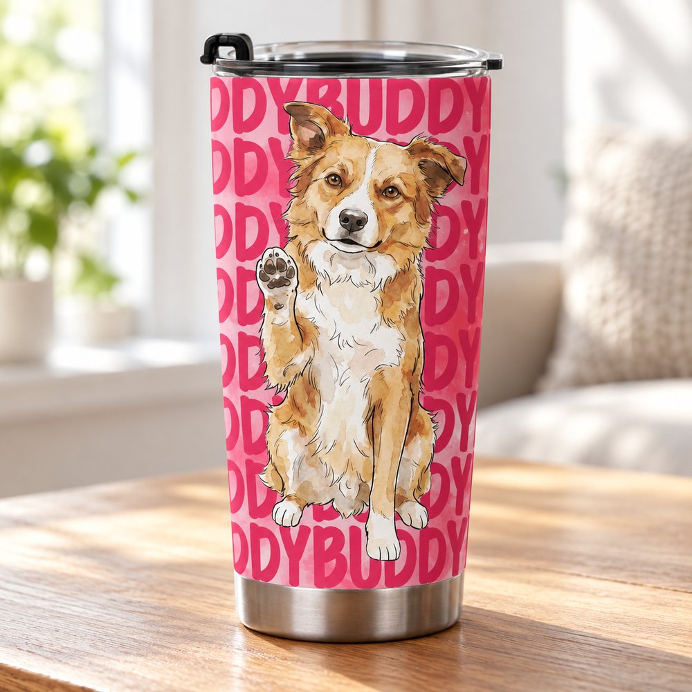 Close up detail of custom watercolor pet portrait print and stainless steel base on 20oz tumbler
