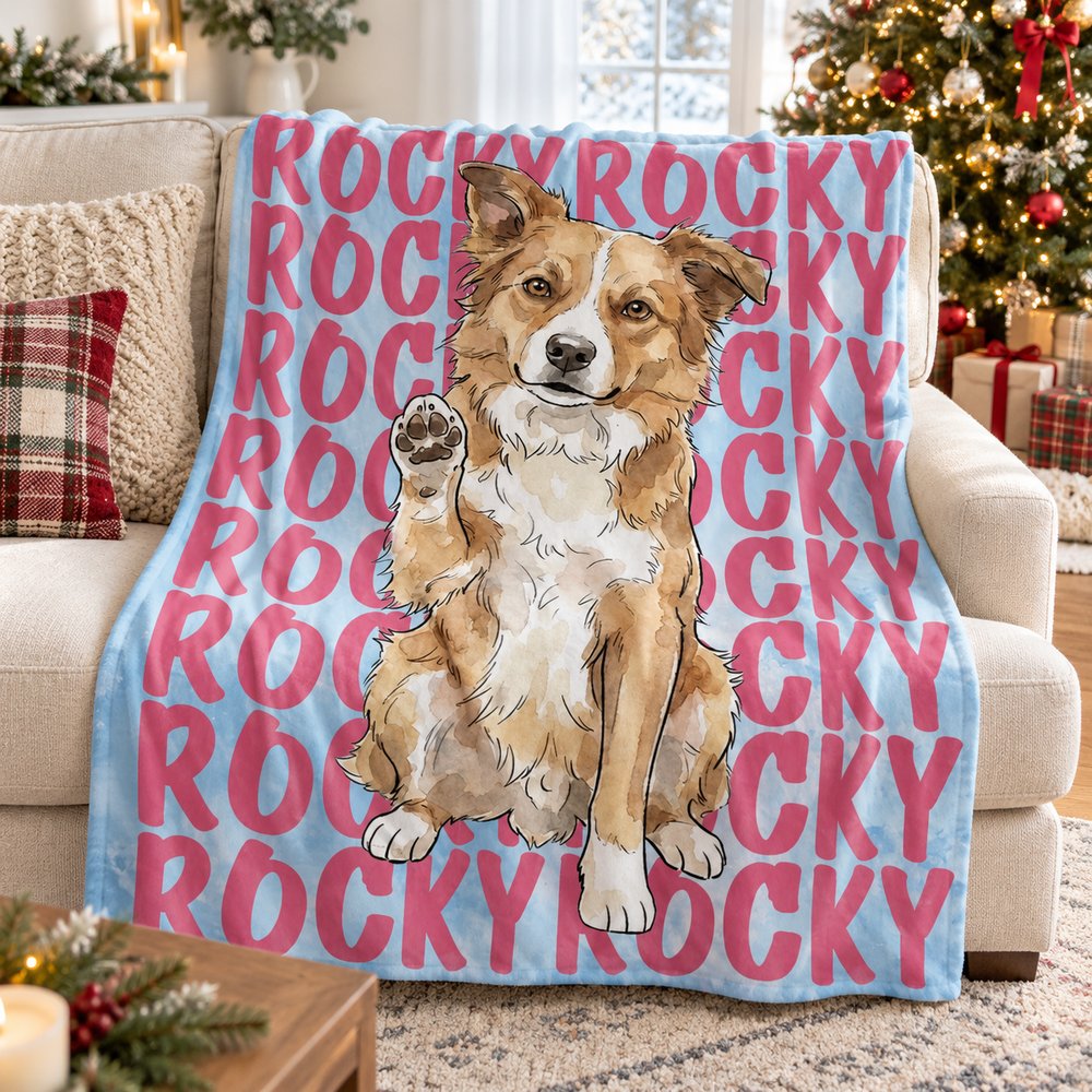 Custom watercolor dog portrait fleece blanket draped on a sofa near a Christmas tree