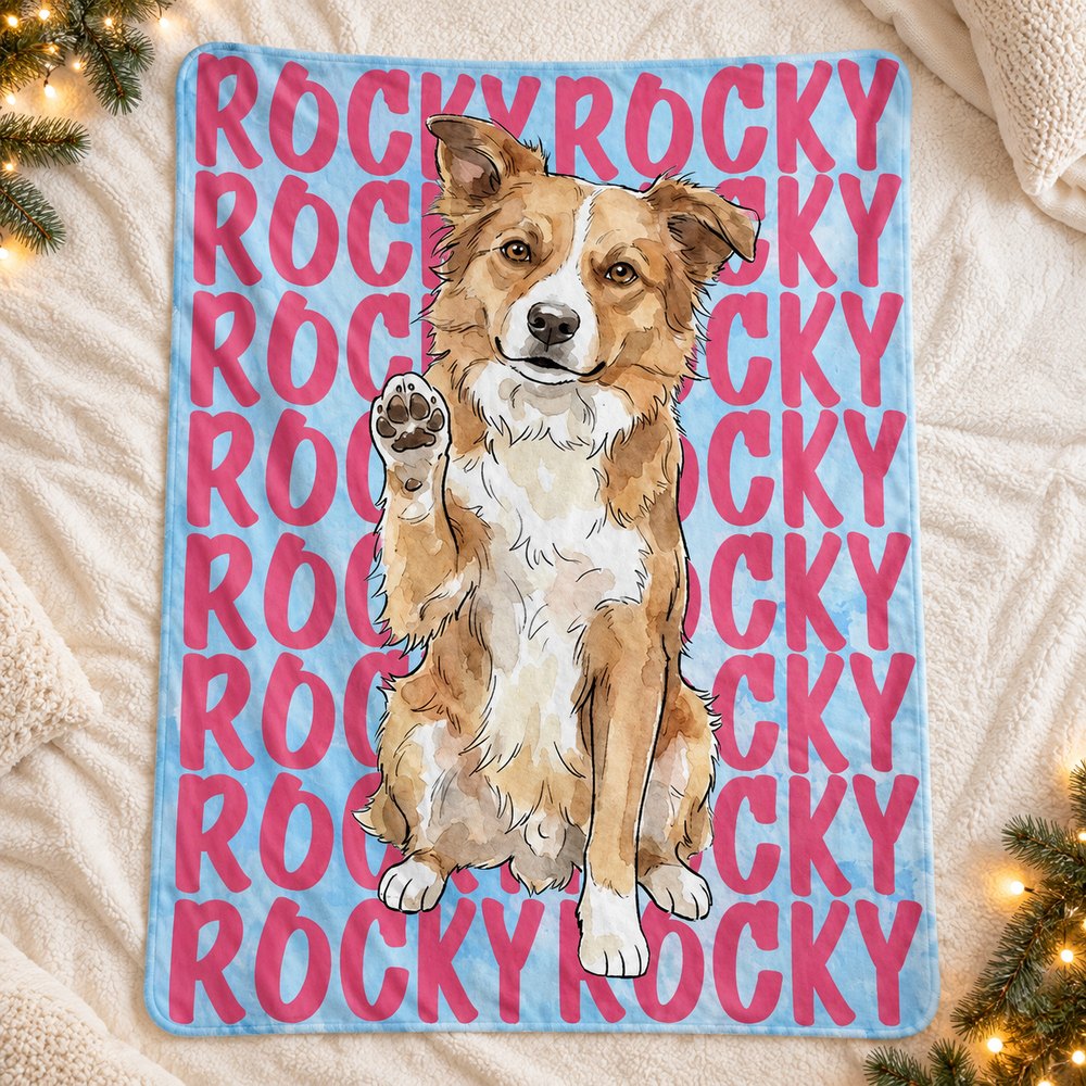Custom watercolor dog portrait blanket Rocky spread flat on cozy holiday bed