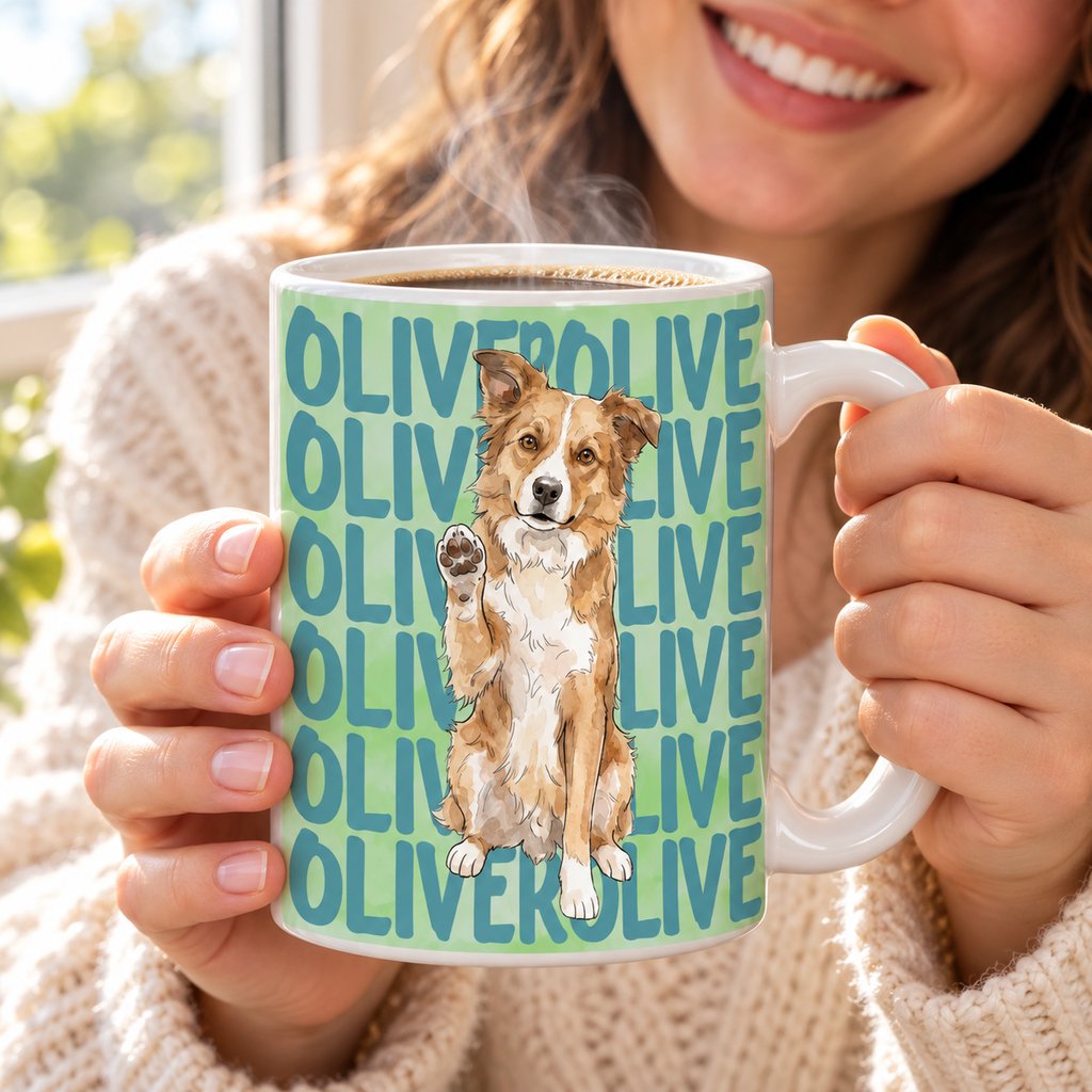 Woman holding custom Oliver dog portrait ceramic mug with steaming coffee in bright natural light