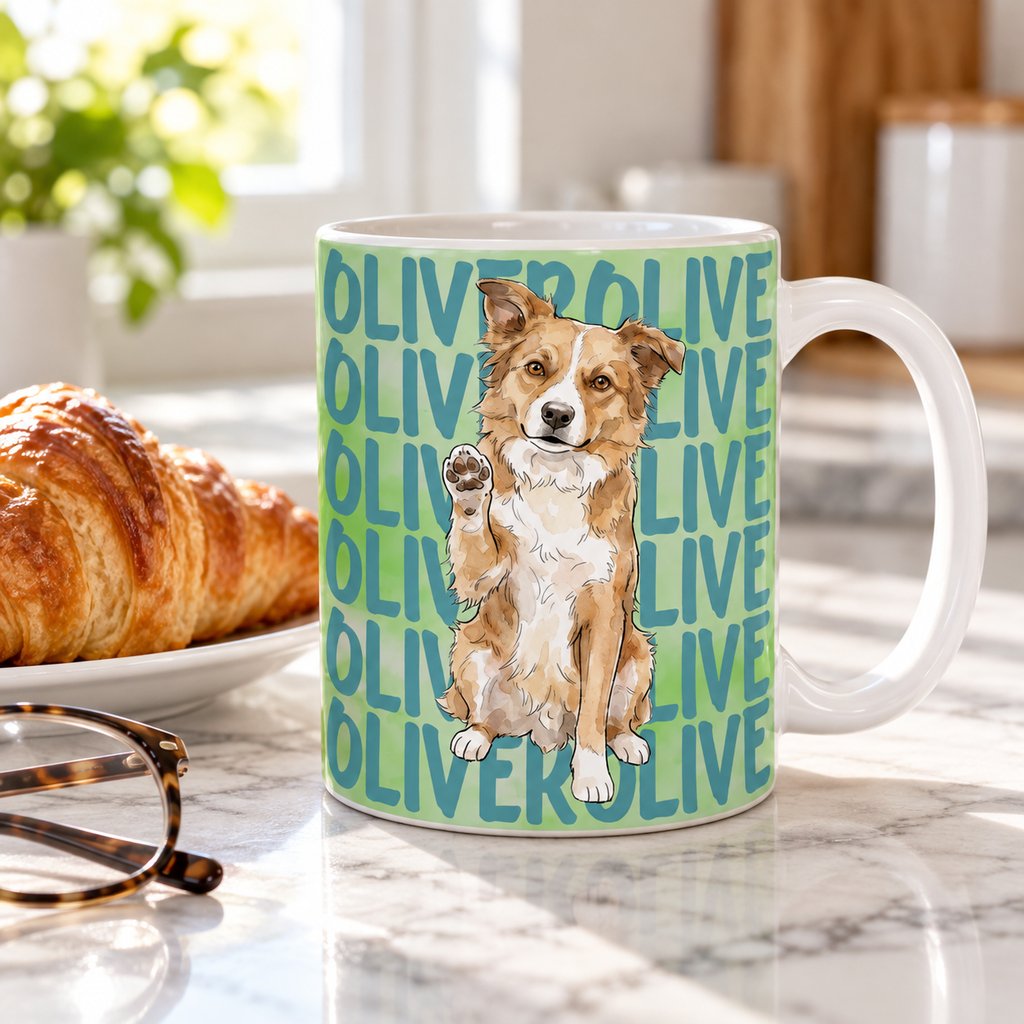 Personalized Oliver pet portrait 11oz mug next to a croissant and glasses on a kitchen counter for scale